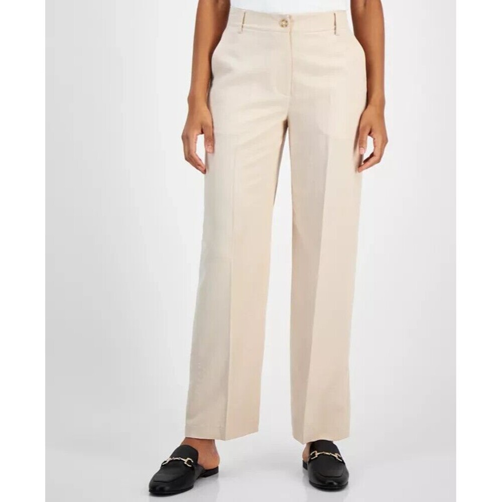 T Tahari Women's Pinstriped Wide-Leg Pants Beige Size 8